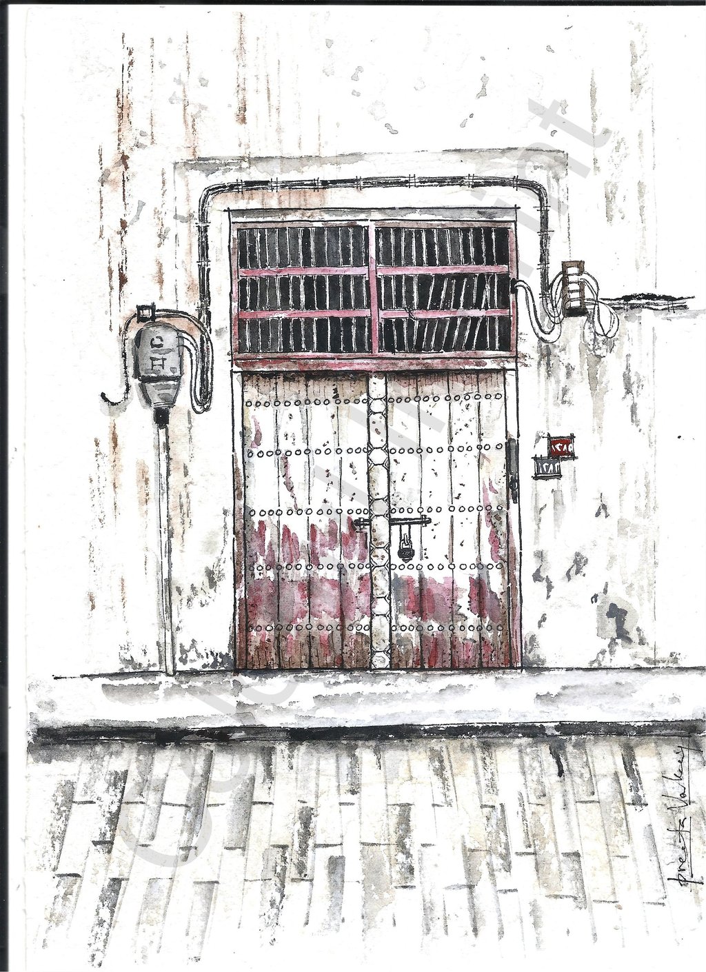 Detailed architectural ink and wash sketch of a rustic window with a decorative iron grate and weathered stone textures.