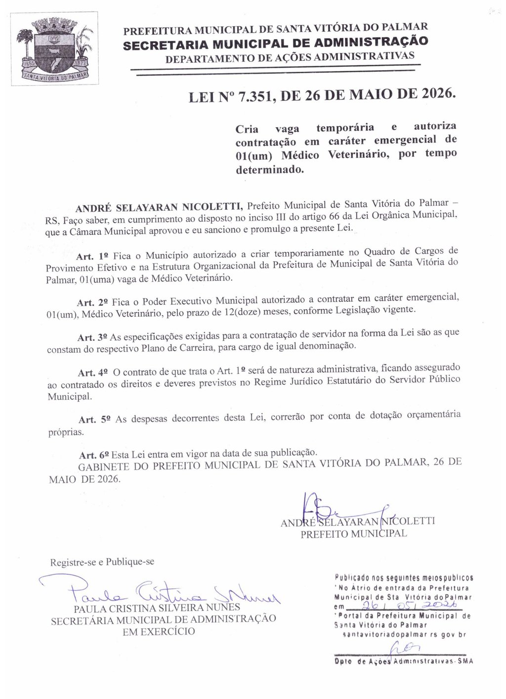 Official document of Law No. 7,351 from Santa Vitória do Palmar City Hall creating a temporary veterinarian job vacancy.