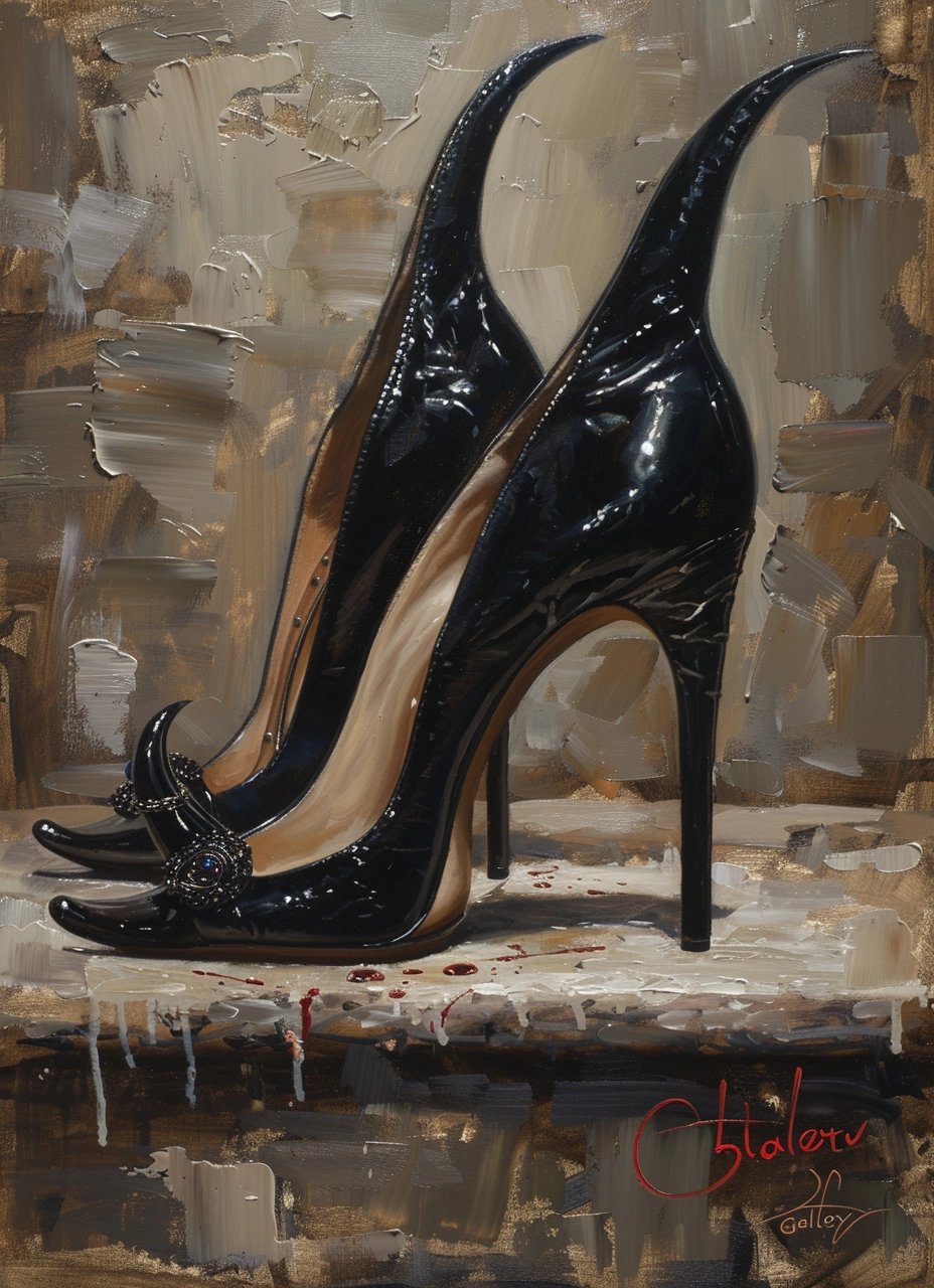 a painting of a pair of black high heels
