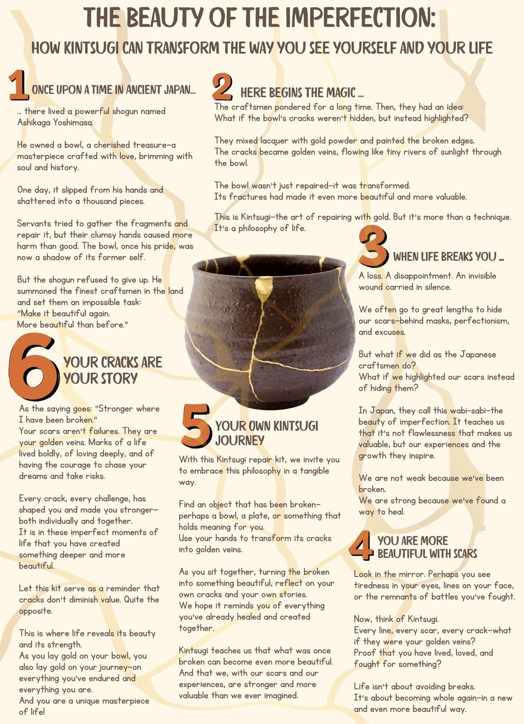 Infographic about Kintsugi and self-worth, featuring golden-repaired bowl and healing message.