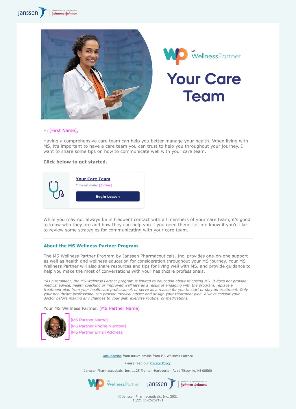 A healthcare professional smiling in a lab coat, representing the MS Wellness Partner care team.