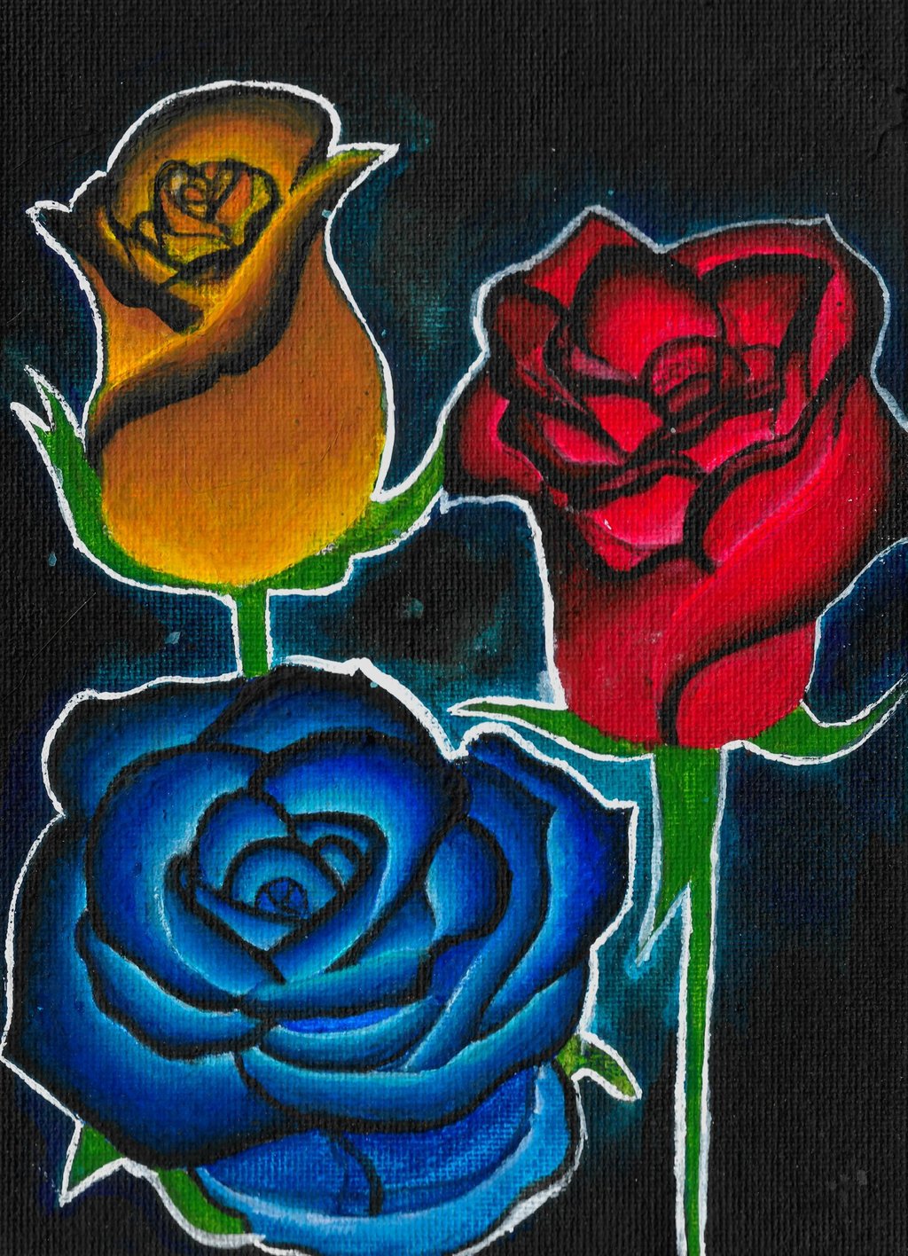 red, blue, yellow, roses against black background. High Contrast.