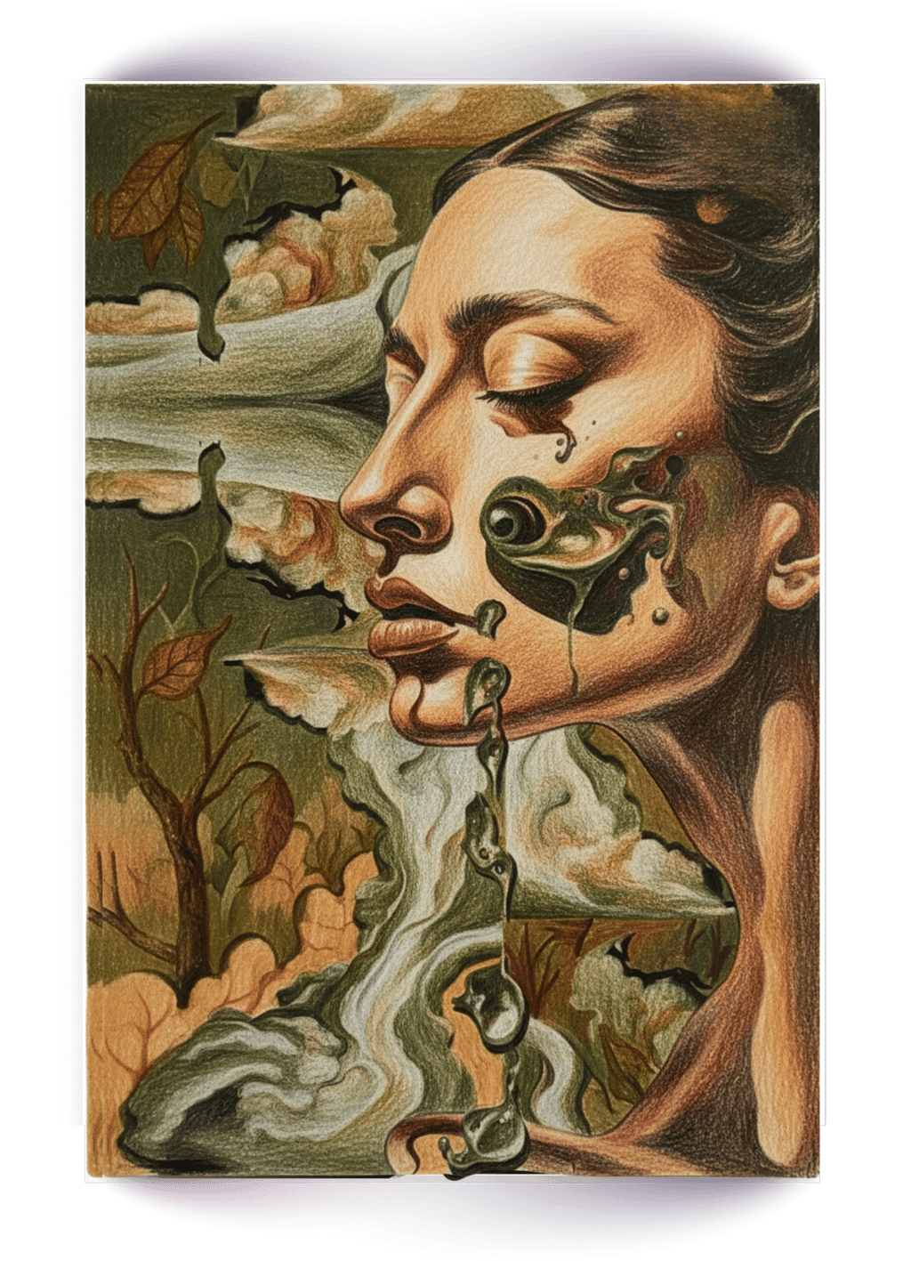 Surreal colored pencil drawing of a woman's profile merging with a forest landscape and melting elements.