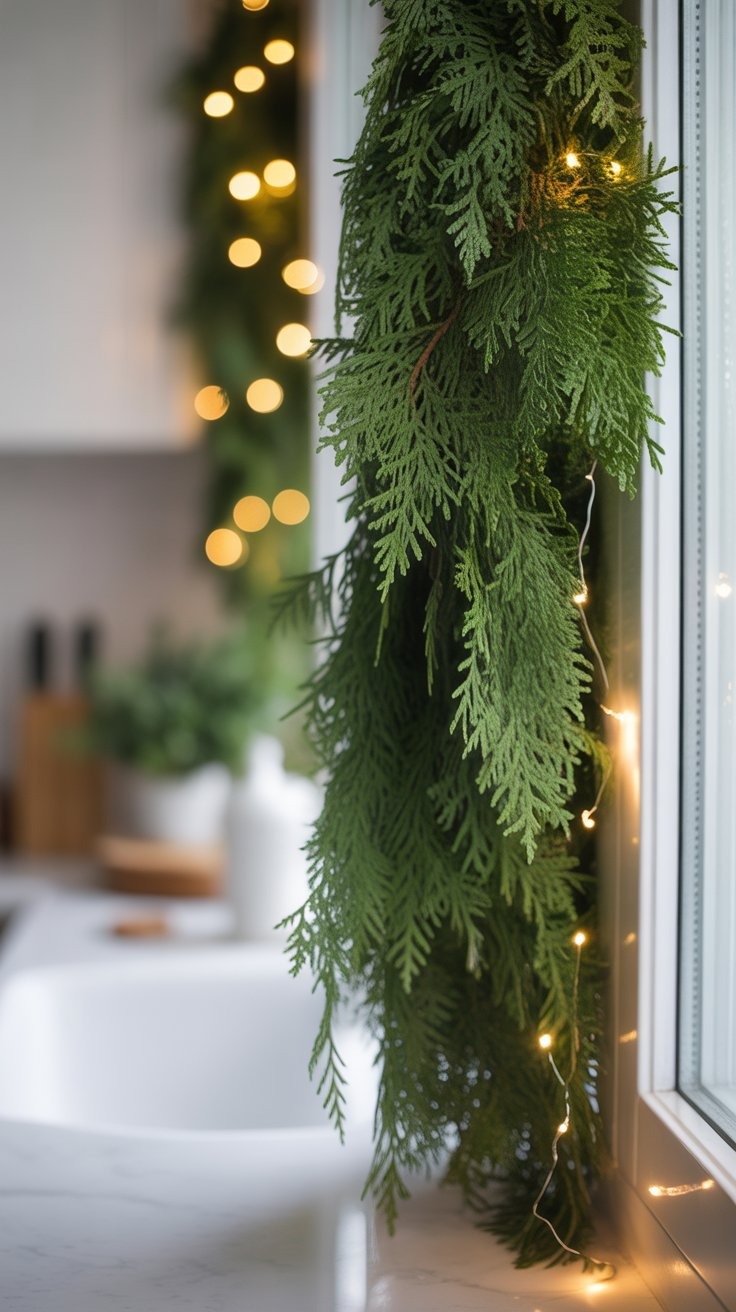 a christmas garland of lights and garland of lights on a kitchen counter
