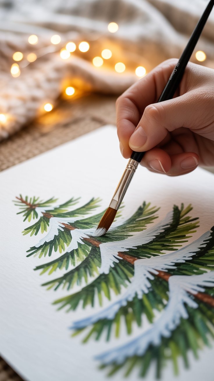 a person painting a pine tree with a paintbrush
