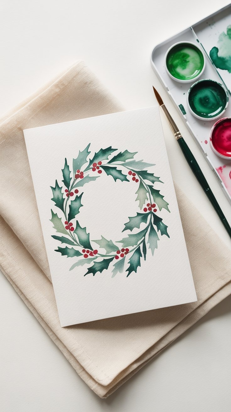 a christmas card with a watercolor painting of a wreath