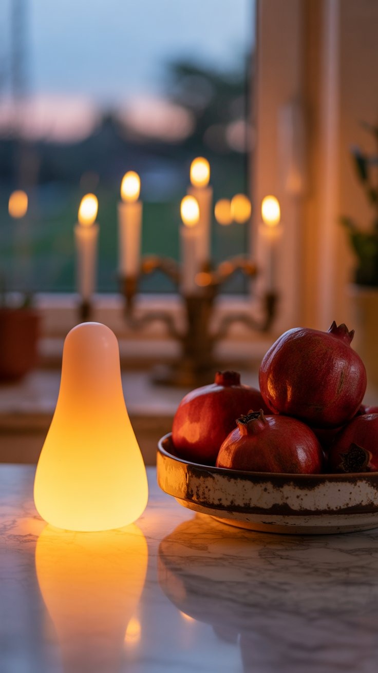 a bowl of fruit and candles on a table