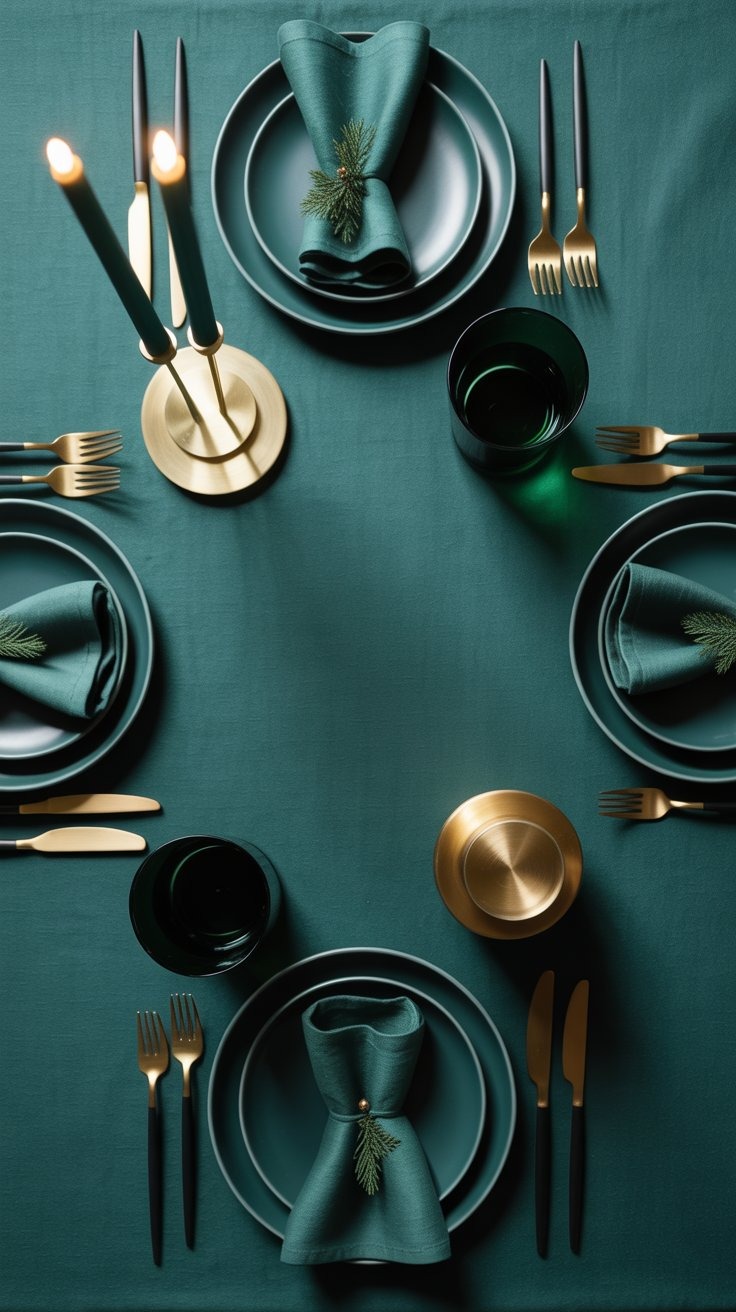 a table setting with a green table cloth