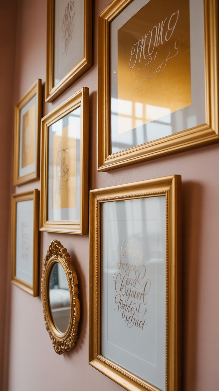 a wall of gold framed frames with a mirror
