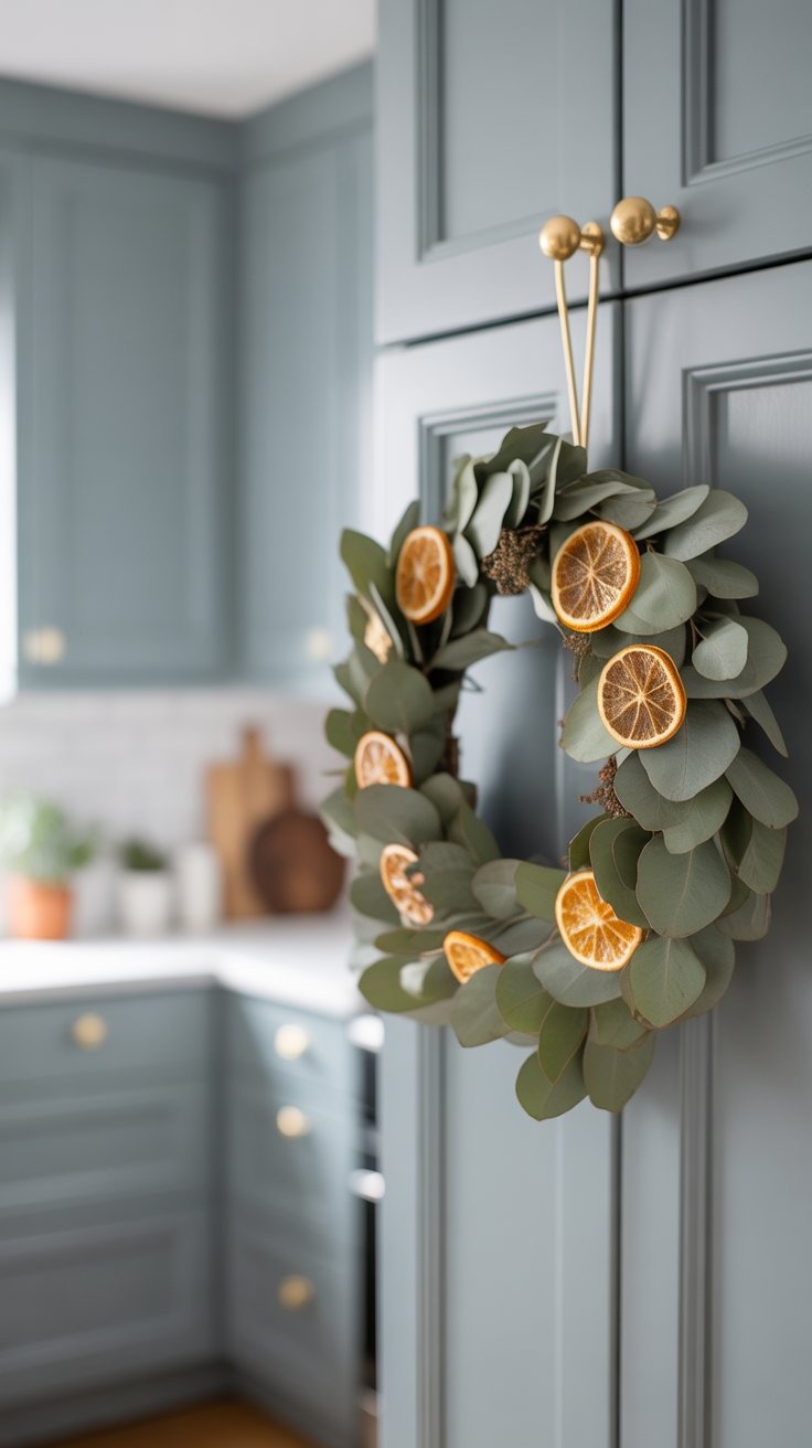 a wreath of oranges and eucalyptus leaves on a kitchen counter