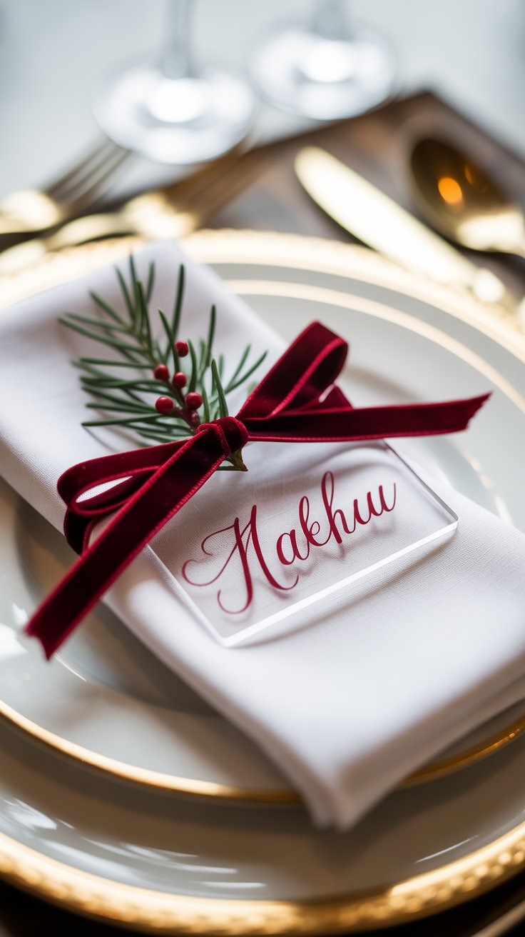 a napkin with a red ribbon tied to a napkin