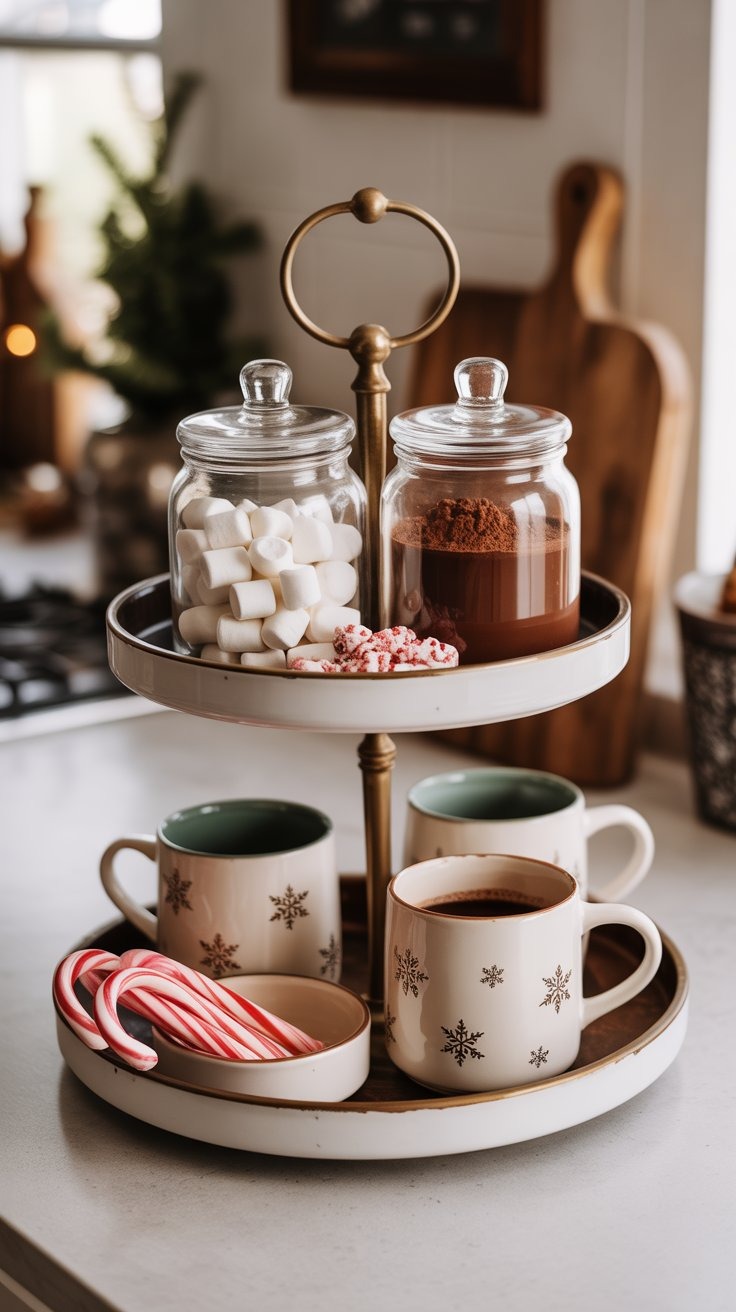 a three tiered tray with coffee cups and candy canes