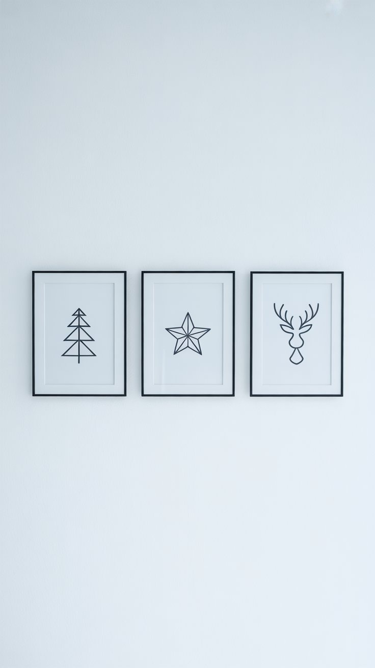 three framed prints of a deer and a christmas tree