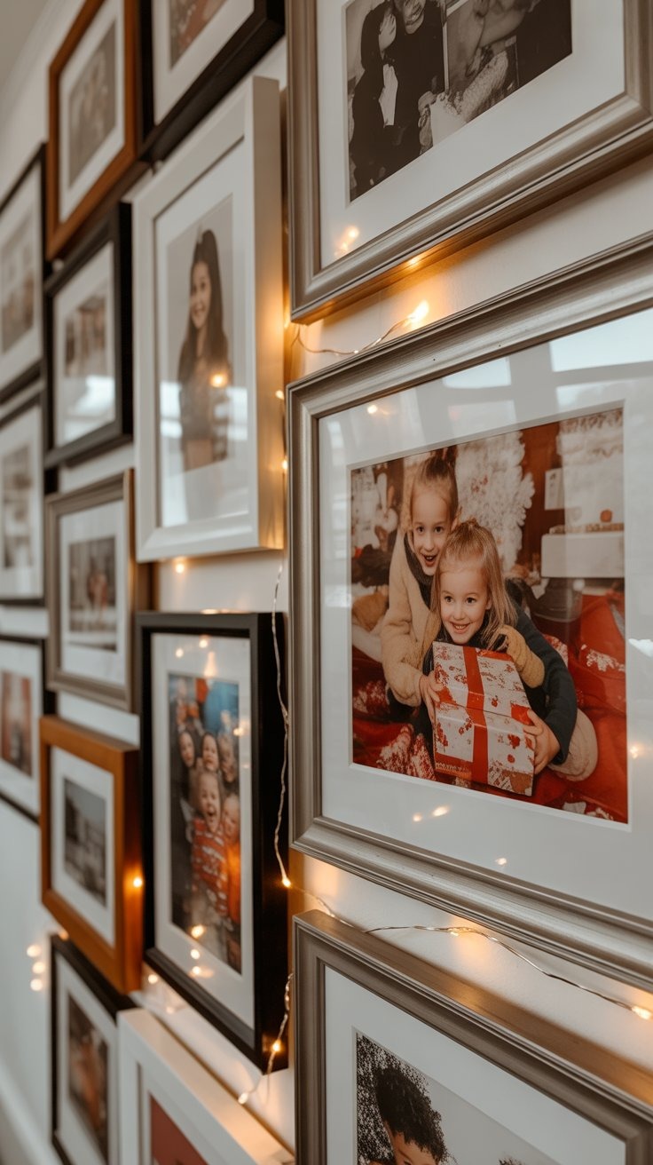 a wall of framed photographs of family photos and family photos