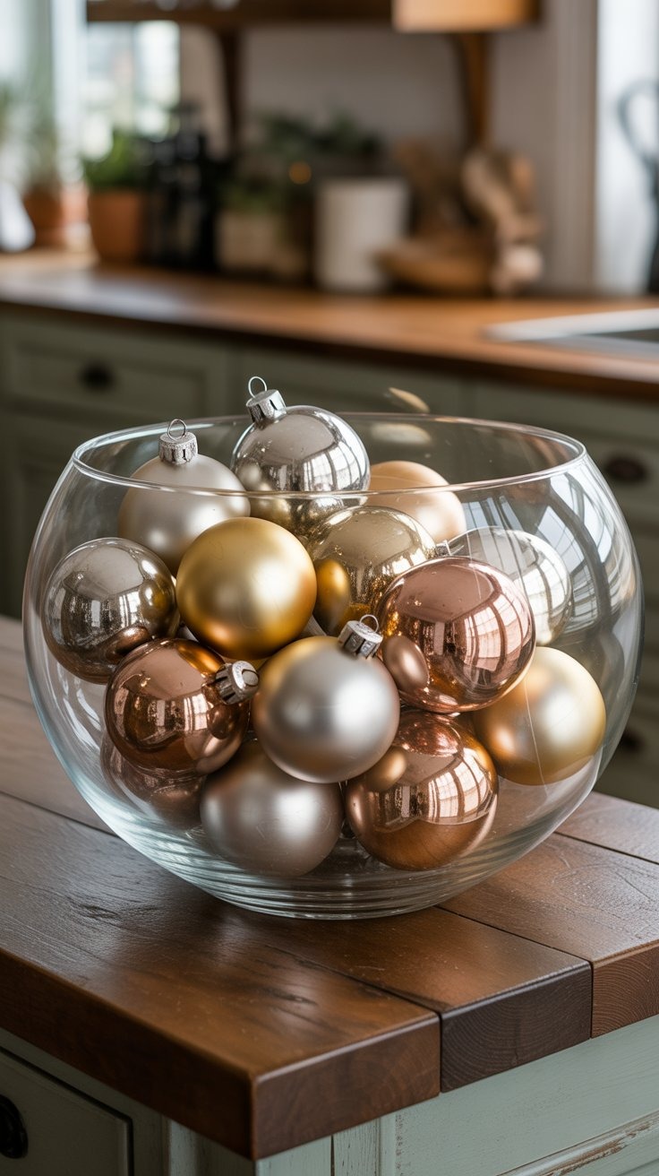 a bowl of ornaments on a table in a kitchen