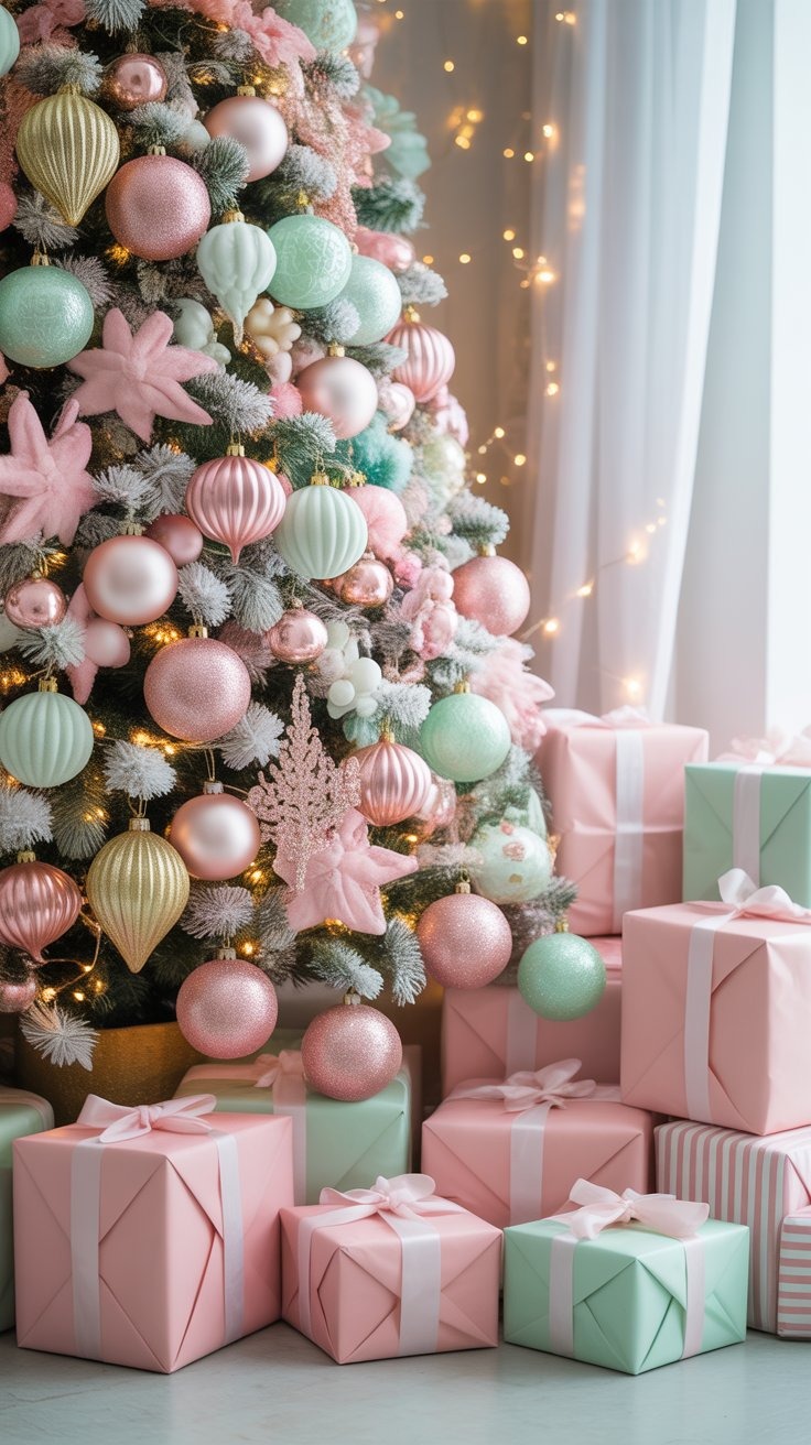 a christmas tree with pink and green ornaments