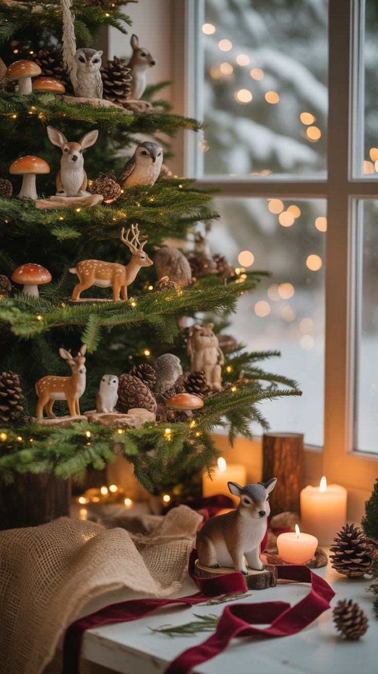 a christmas tree with a dog and a candle and woodland animals