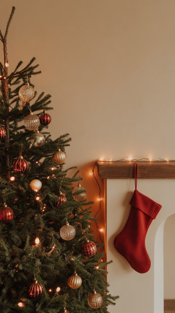 a christmas tree with a red stocking and a fireplace