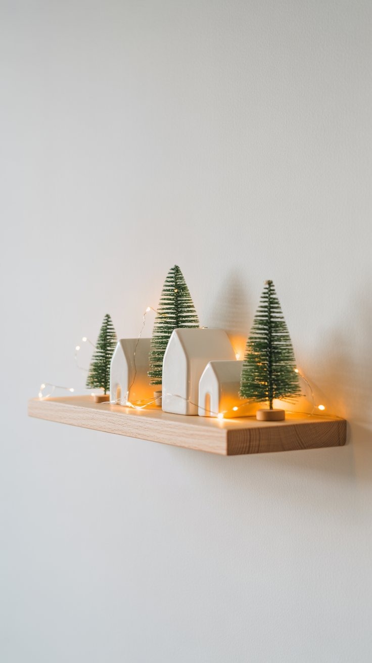 a small christmas tree on a shelf above a shelf