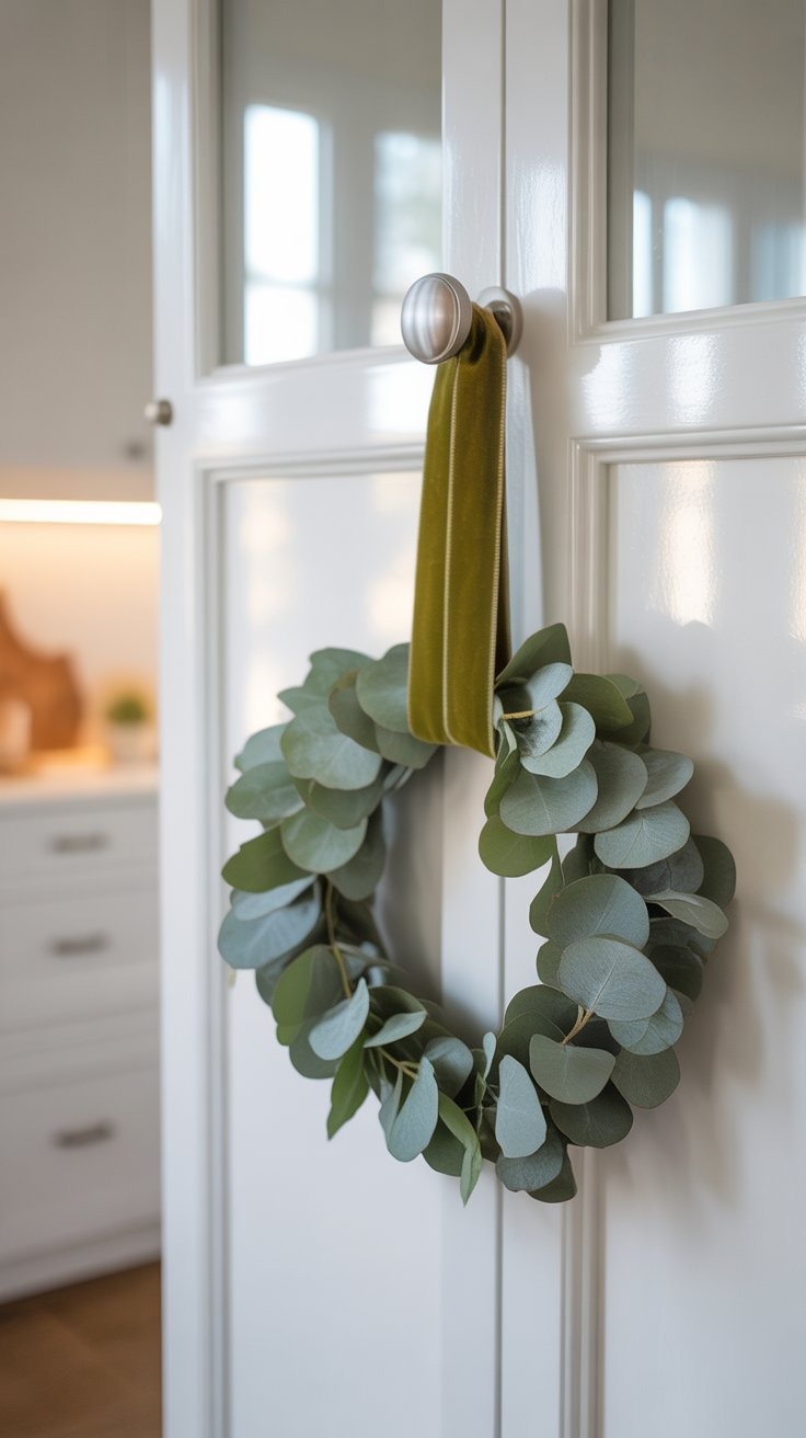 a wreath of eucalyptus leaves on a door