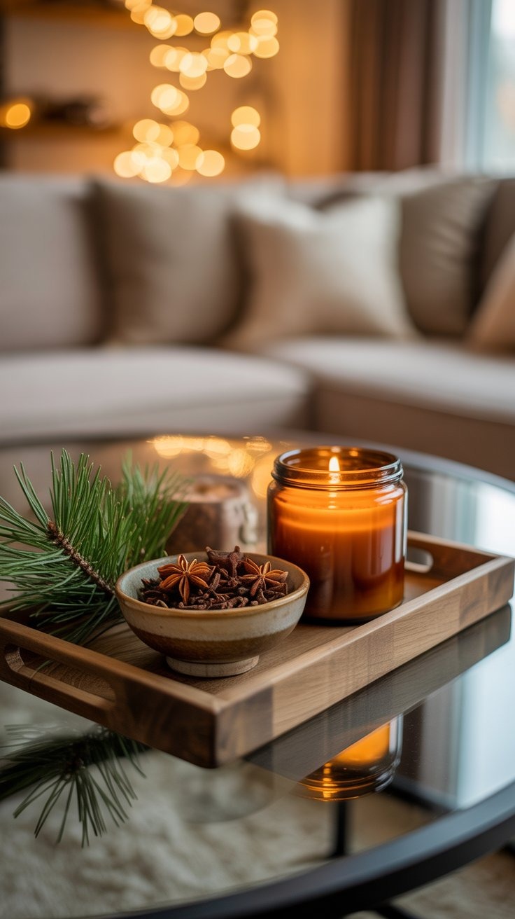 a candle with pine cones and candles on a table