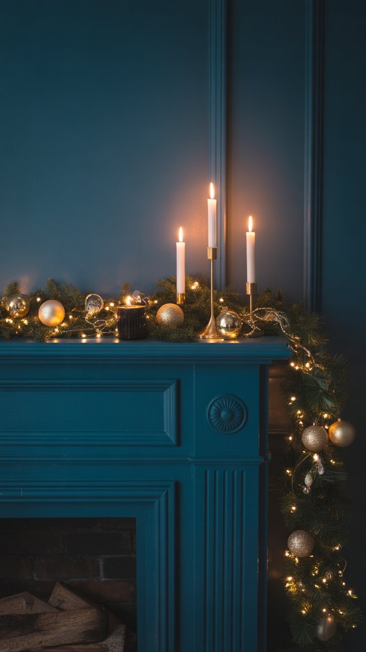 a fireplace with candles and christmas decorations on it