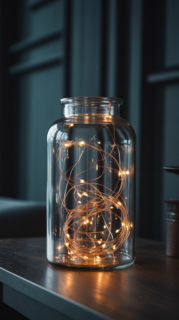 a jar of string lights in a jar with a string light