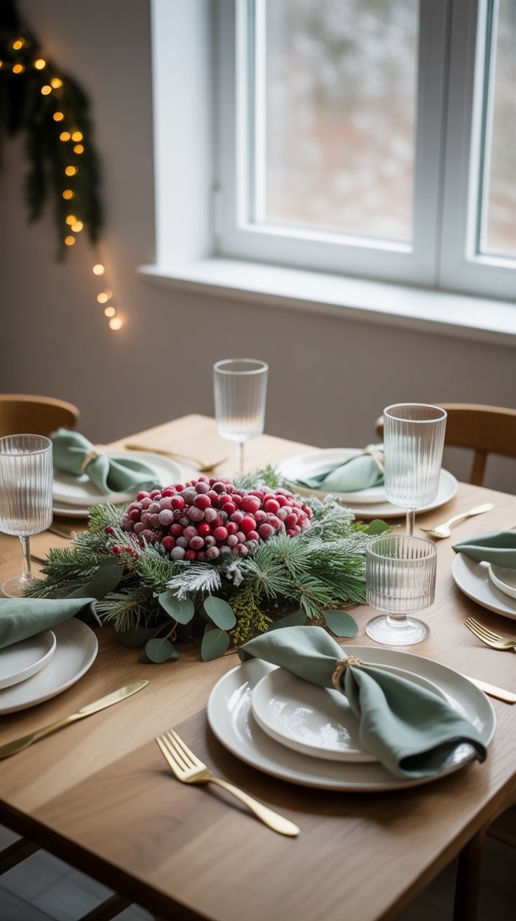 a table setting with a holiday centerpiece
