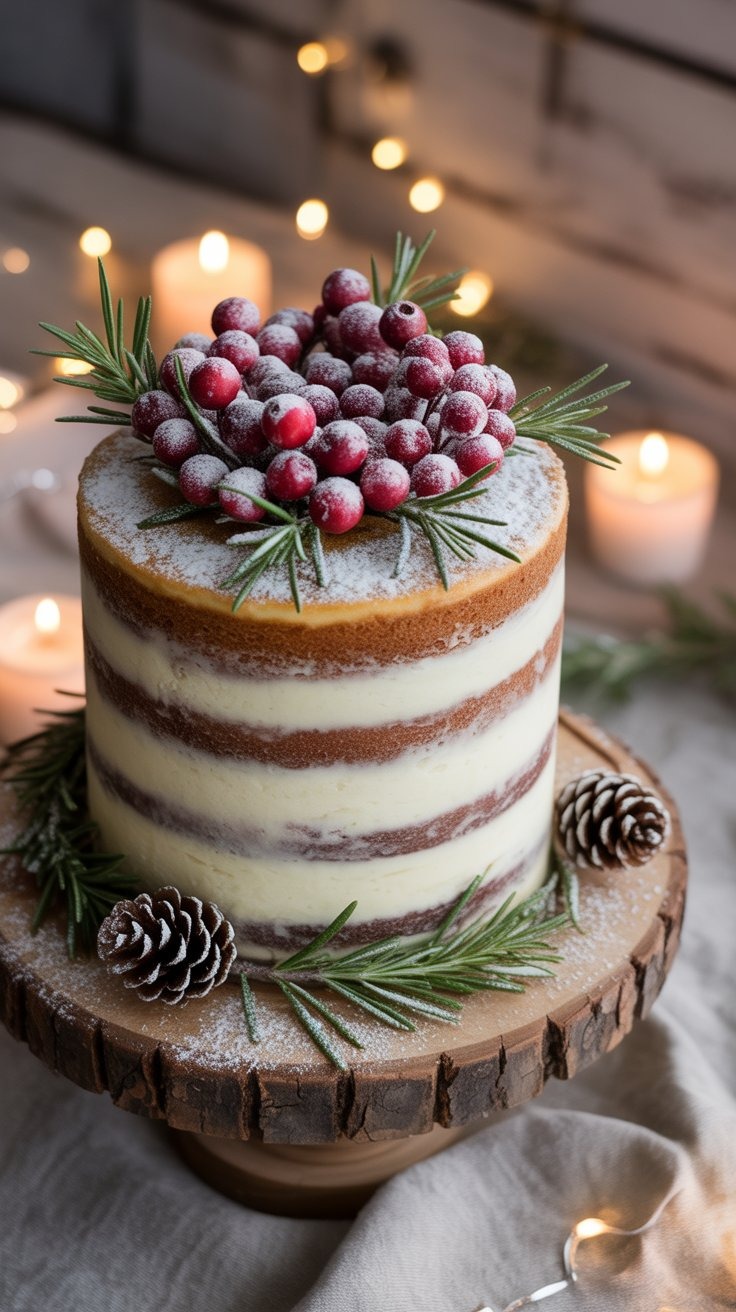 a cake with frosted frosting and pine cones