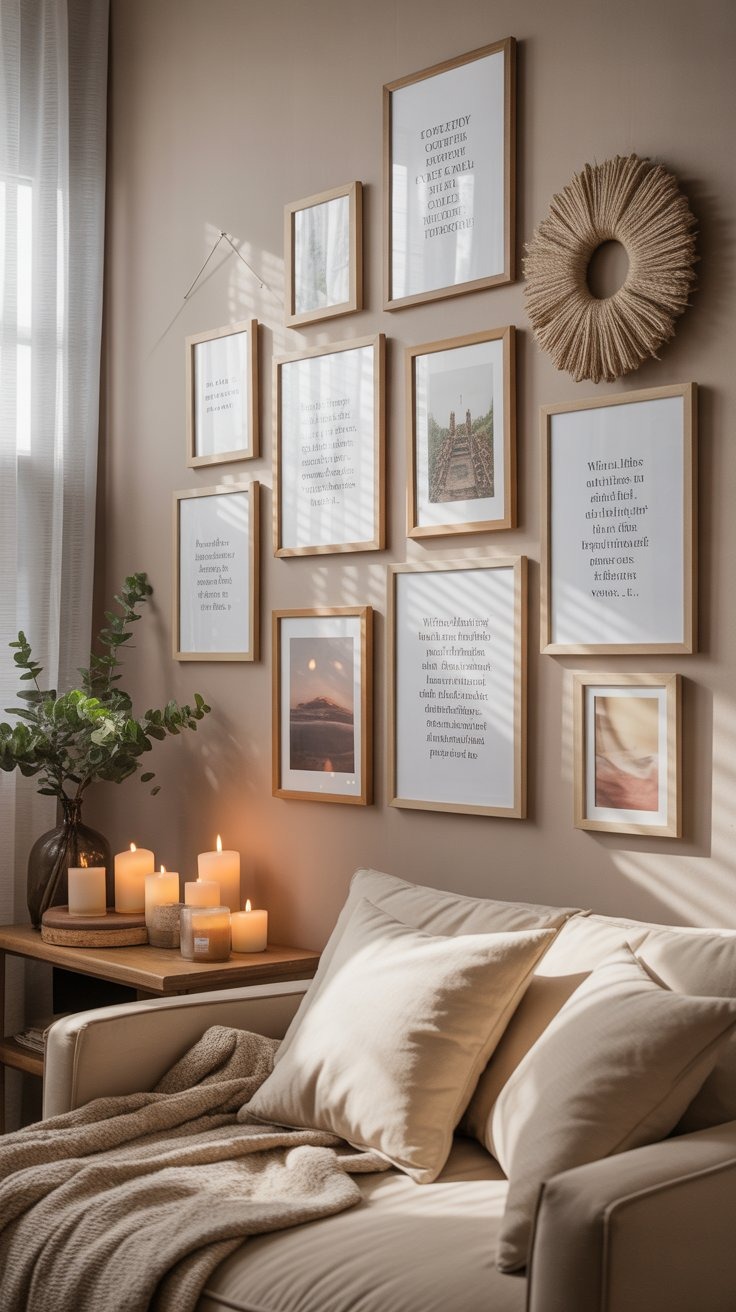 a living room with a couch and candles