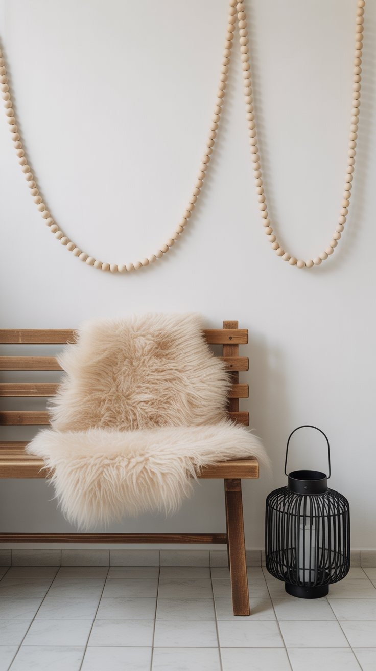 a bench with a fur rug and a wooden bench with a lamp