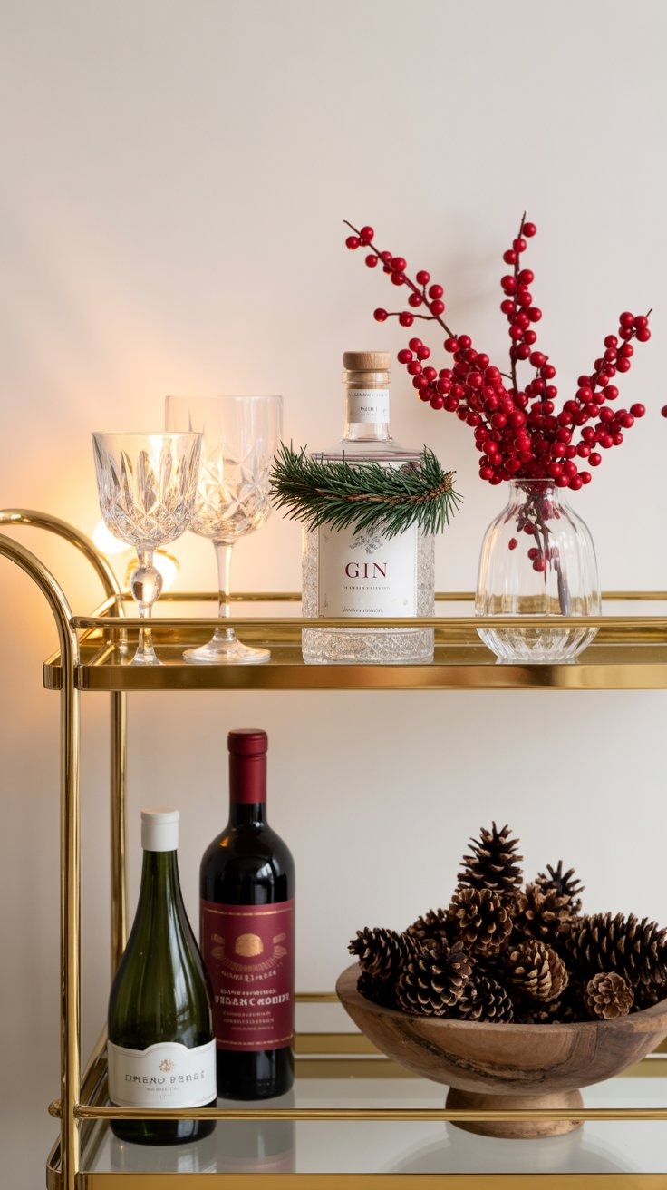 a bar cart with wine bottles and pine cones