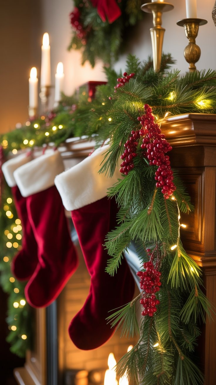 a christmas tree with stockings hanging from a mantle