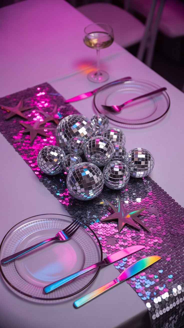 a table setting with disco ball decorations