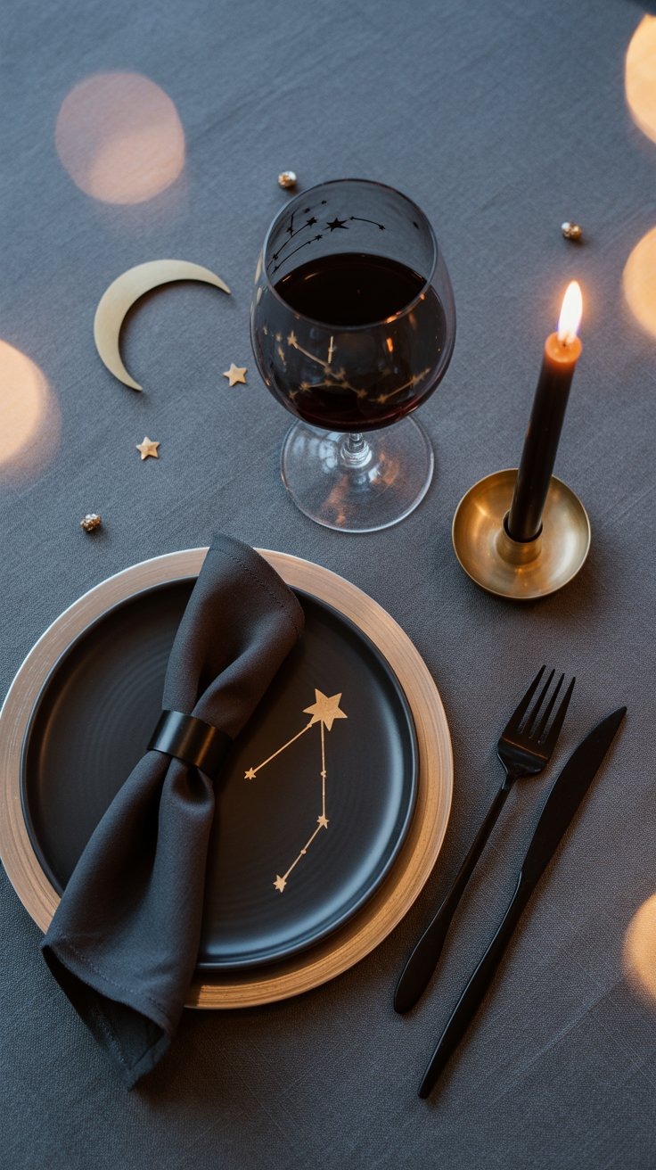 a table setting with a glass of wine and a candle