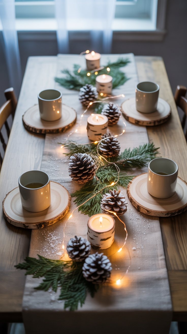 a table with candles and pine cones on it