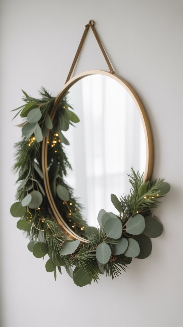 a mirror with a wreath of greenery and greenery