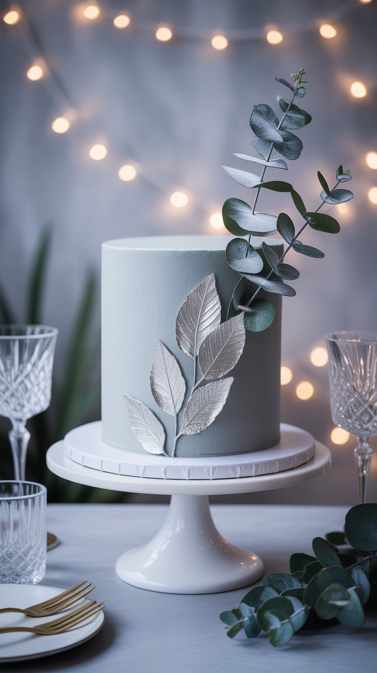 a cake with a leafy branch on top of it