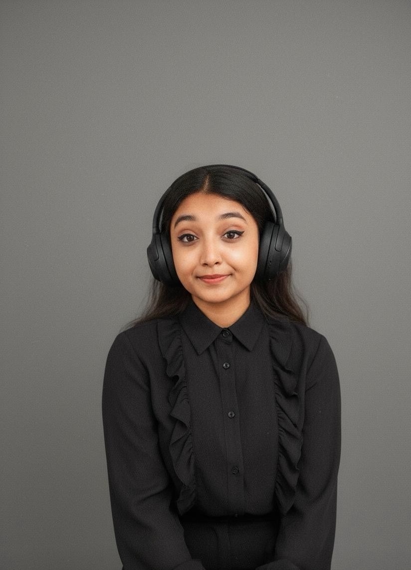 Young woman with long dark hair wearing black over-ear headphones and a ruffled black shirt against a grey background.