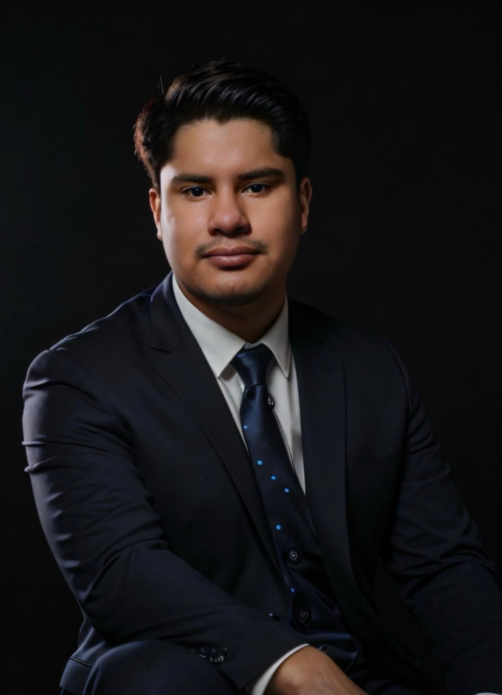 Professional corporate headshot of a young man in a navy blue suit and silk tie against a dark background.