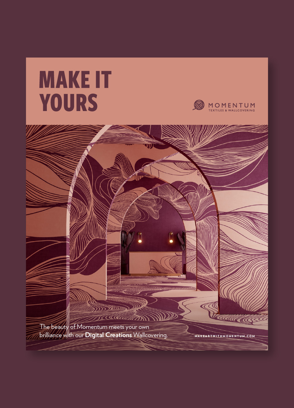 Modern interior with purple floral pattern Momentum Digital Creations Wallcovering and arched entryways.