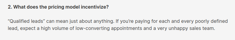 Screenshot of a passage in the article, B2B Appointment Setting Costs & Pricing Models Explained