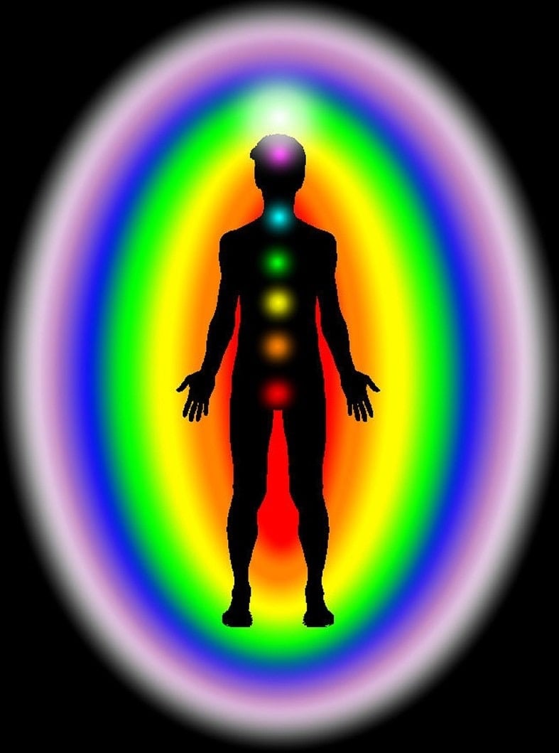 silhouette of the front of a man surrounded by an oval shape showing layers of colours