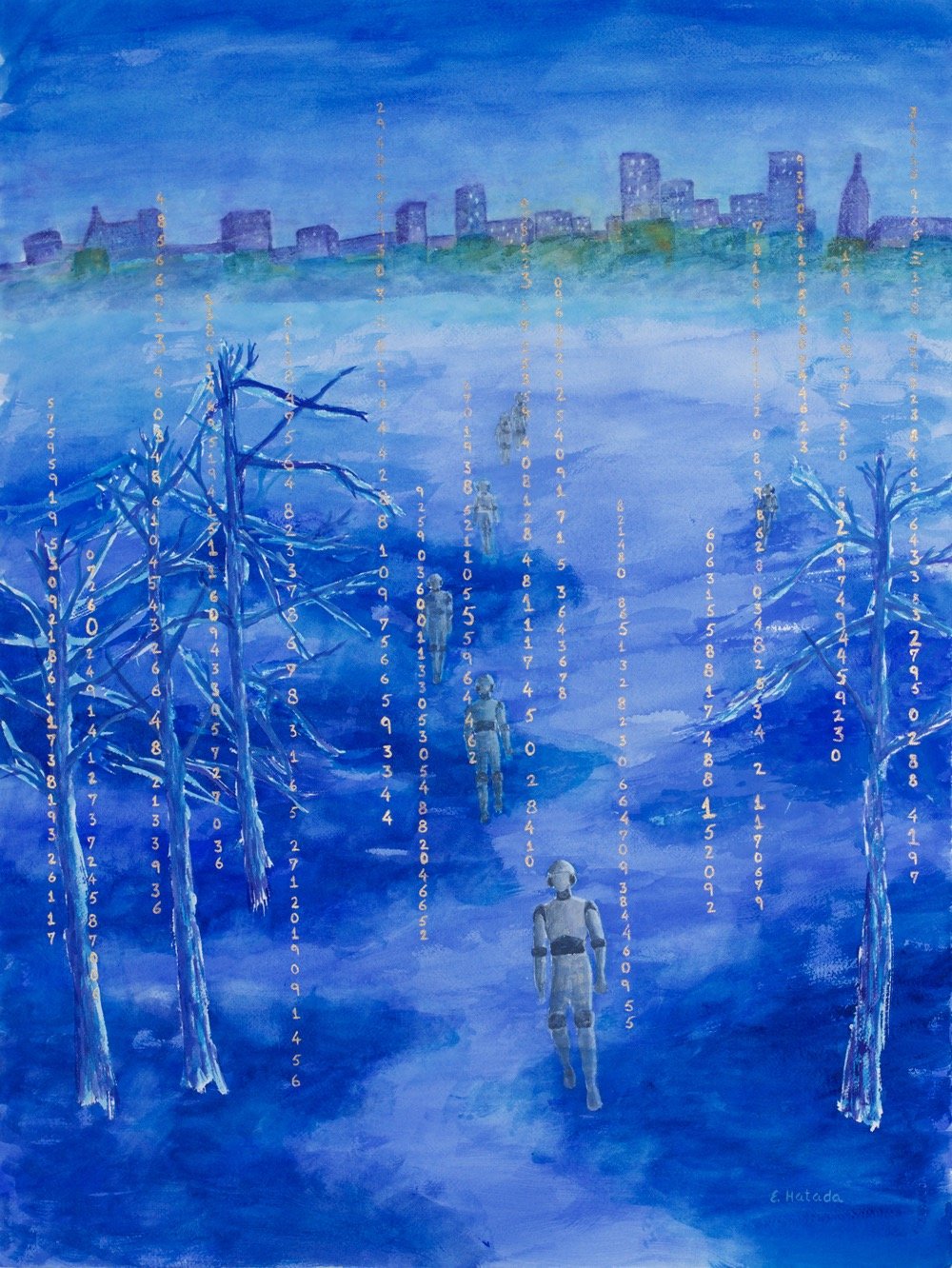 Watercolor  painting of humanoid robots leaving a city to venture into the (virtual) world