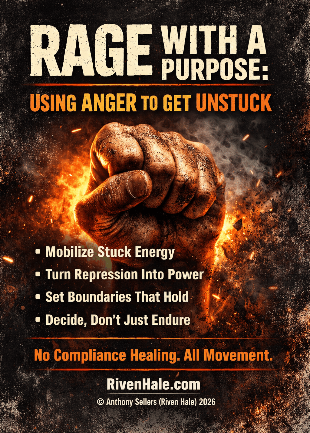 Motivational poster showing a clenched fist emerging from fire and smoke with text about using anger for healing.