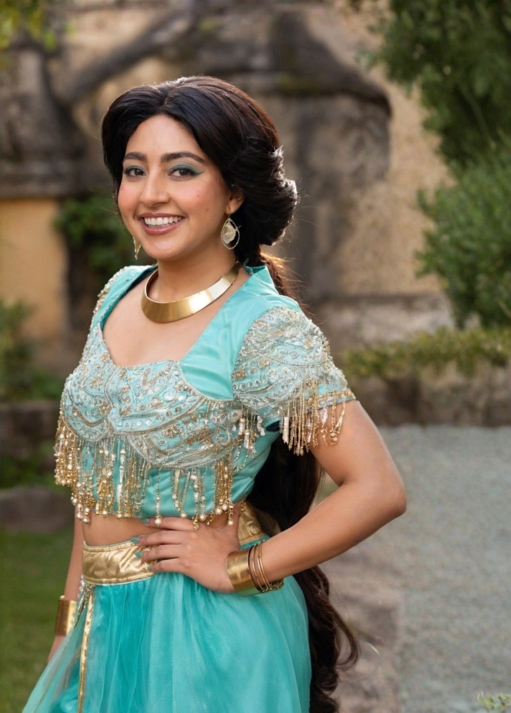 Smiling woman in a turquoise Princess Jasmine cosplay outfit with gold jewelry and beaded embroidery.