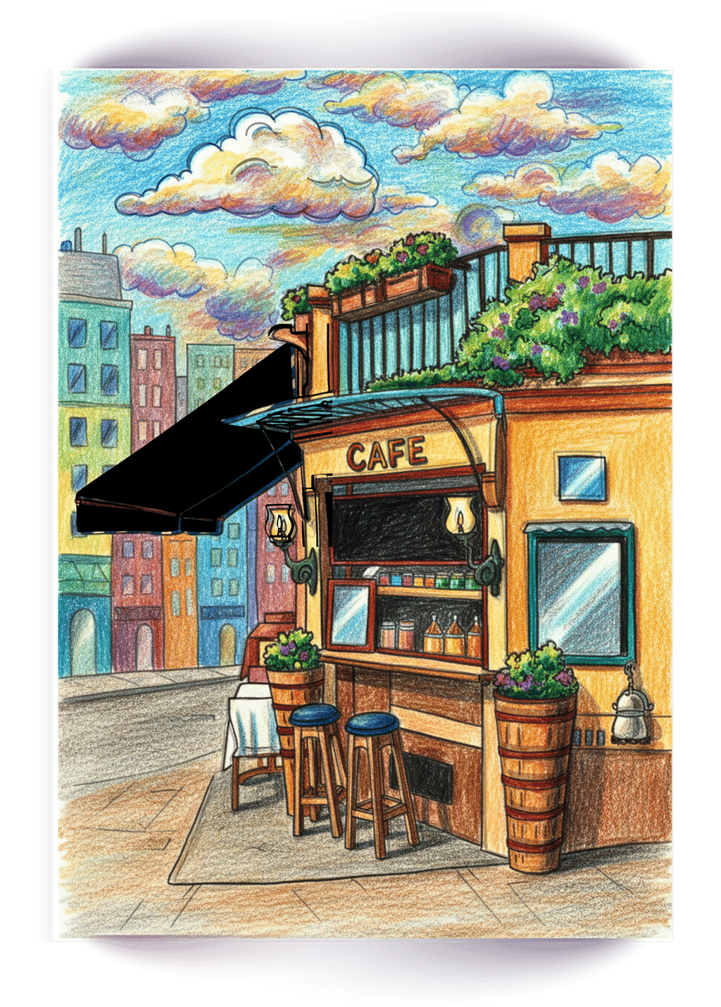Colored pencil drawing of a cozy outdoor sidewalk cafe with bar stools and a rooftop garden.