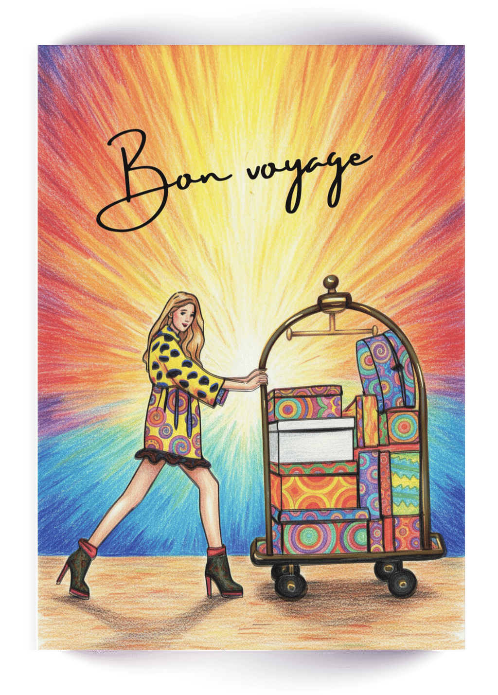 Cute colored in coloring page of a girl pushing a hotel trolley