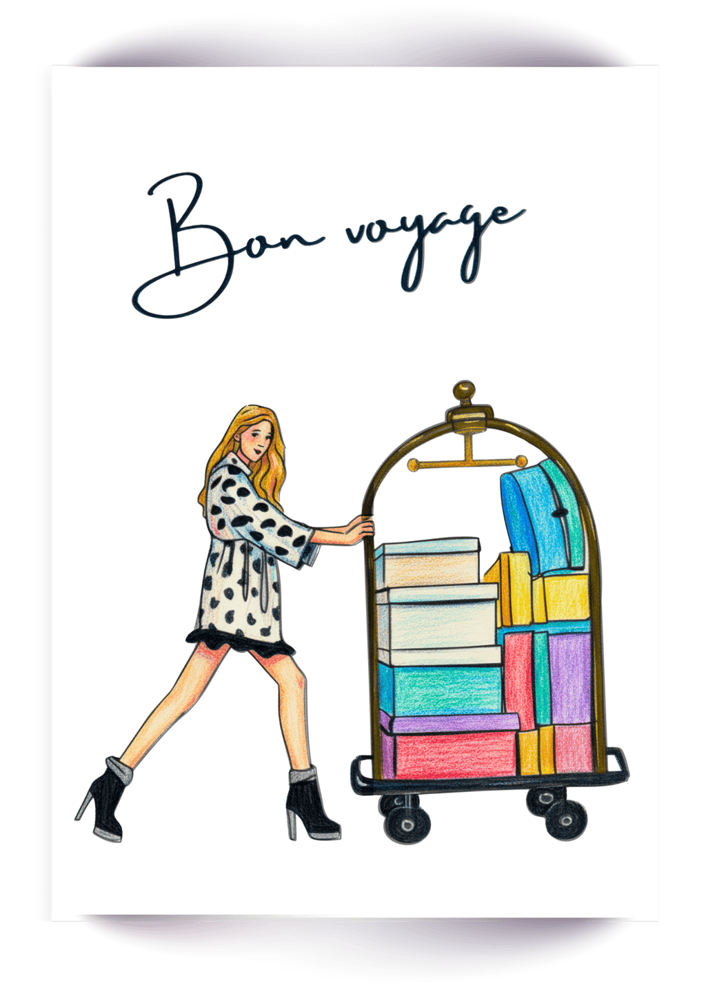 Fashionable woman pushing a gold luggage cart with colorful suitcases and Bon Voyage text.
