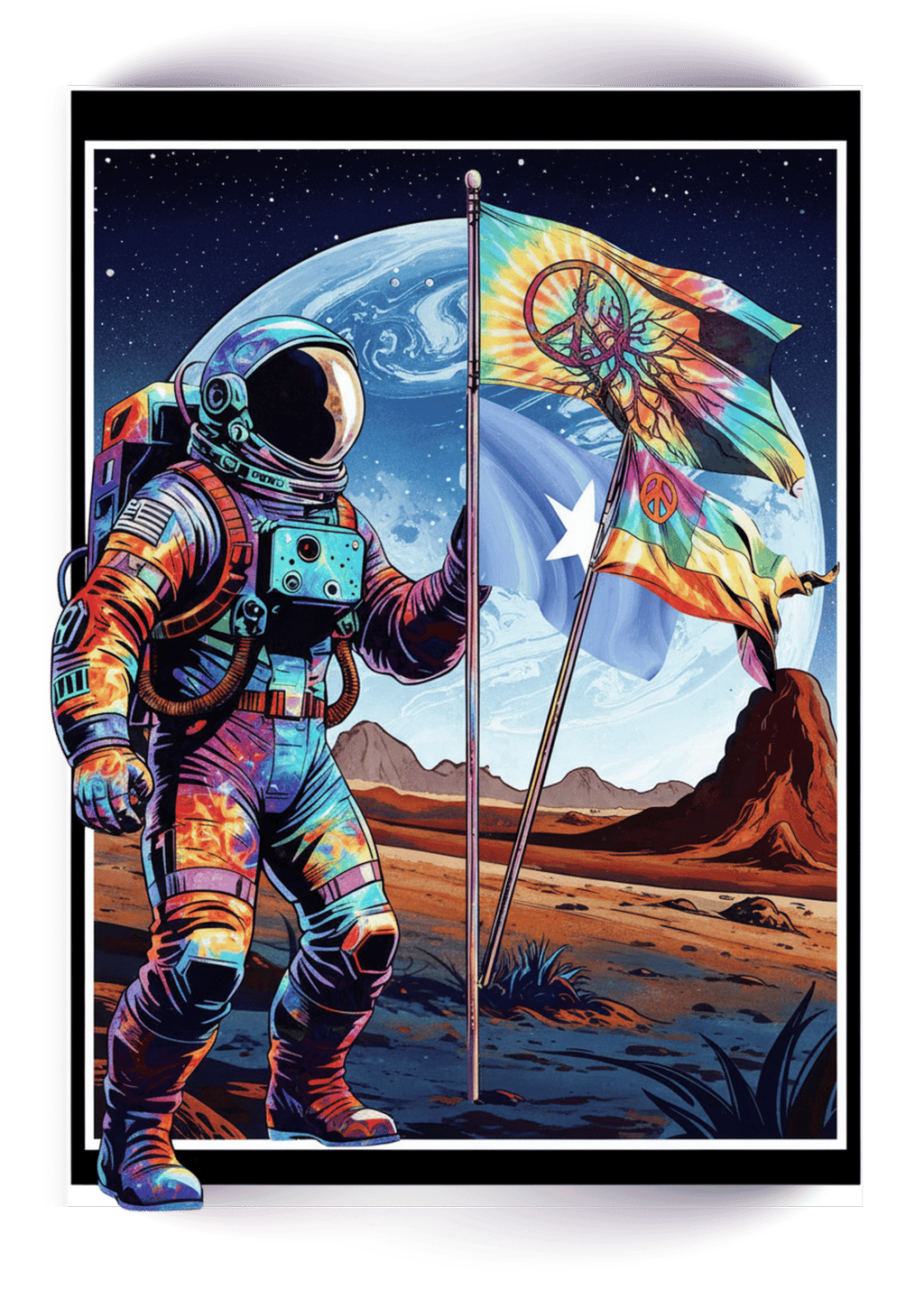 Trippy colorful astronaut art on the moon holding tie-dye peace flags with Earth in space.